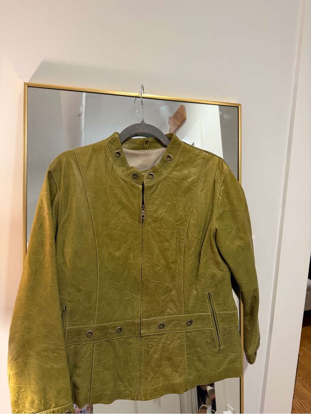 Women’s Olive Green Leather Jacket - Classic Zip Front